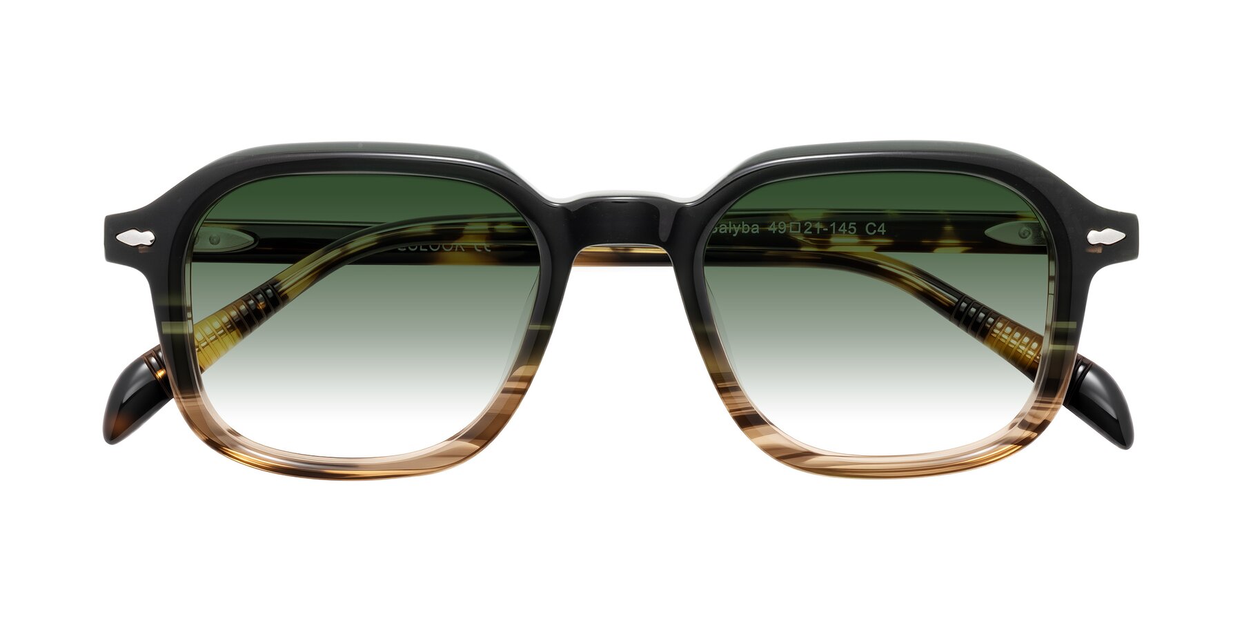 Folded Front of Salyba in Dark Green/Brown Striped with Green Gradient Lenses