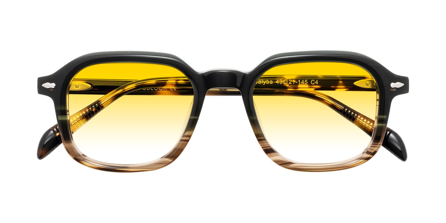 Folded Front of Salyba in Dark Green/Brown Striped with Yellow Gradient Lenses