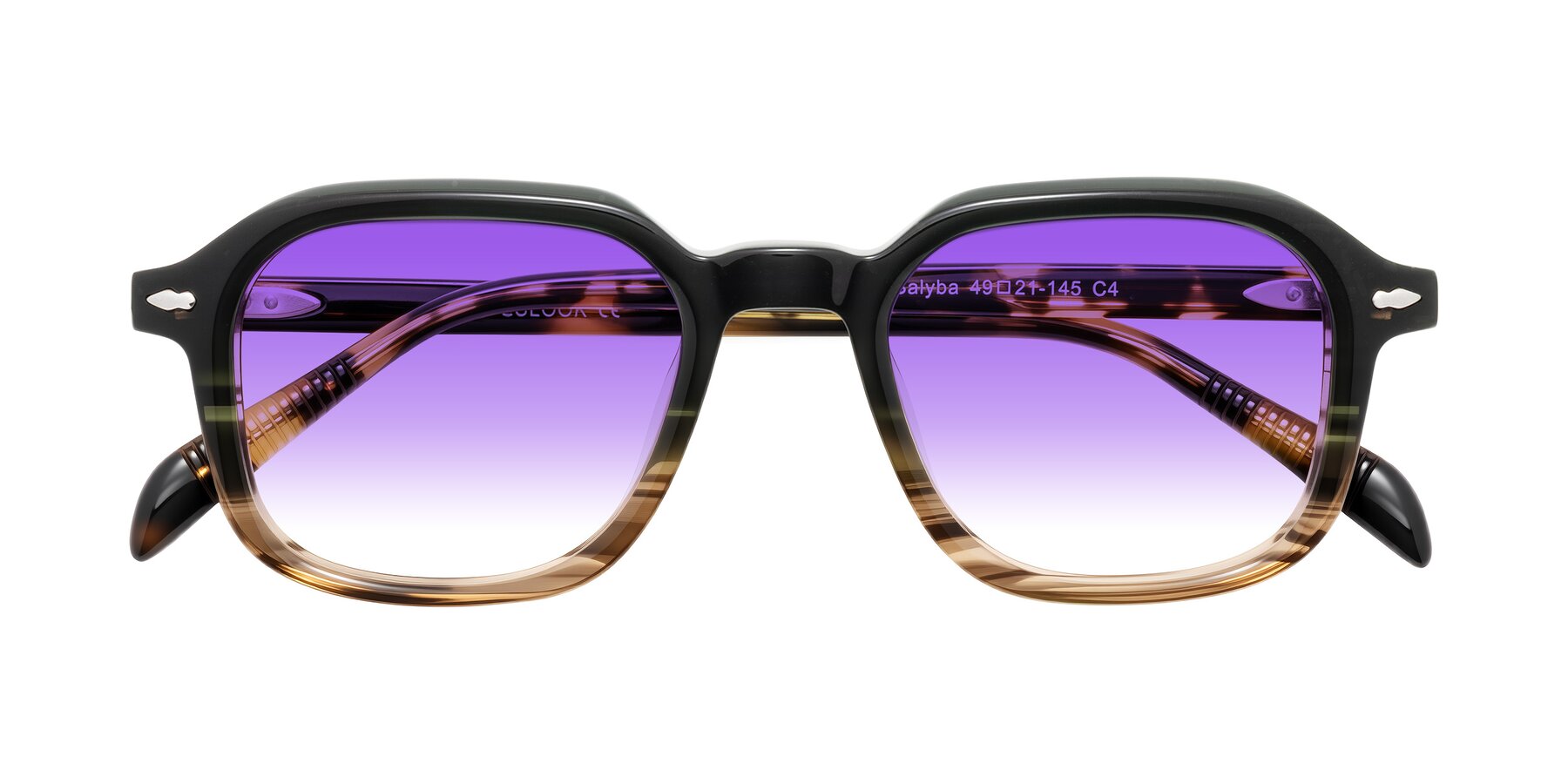 Folded Front of Salyba in Dark Green/Brown Striped with Purple Gradient Lenses