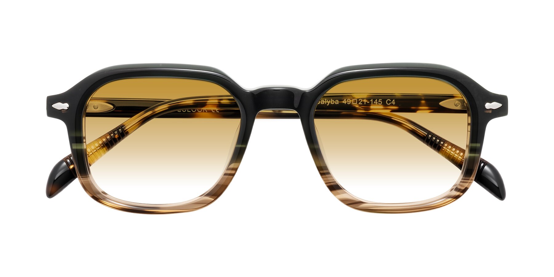 Folded Front of Salyba in Dark Green/Brown Striped with Champagne Gradient Lenses