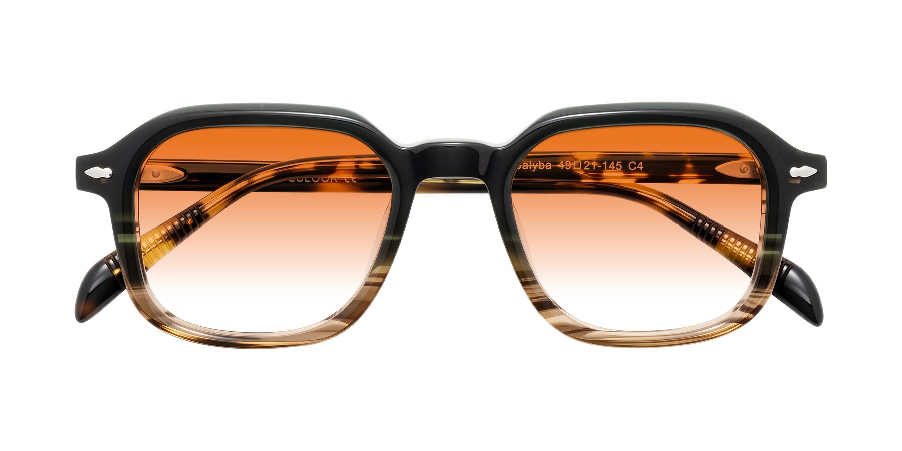 Folded Front of Salyba in Dark Green/Brown Striped with Orange Gradient Lenses