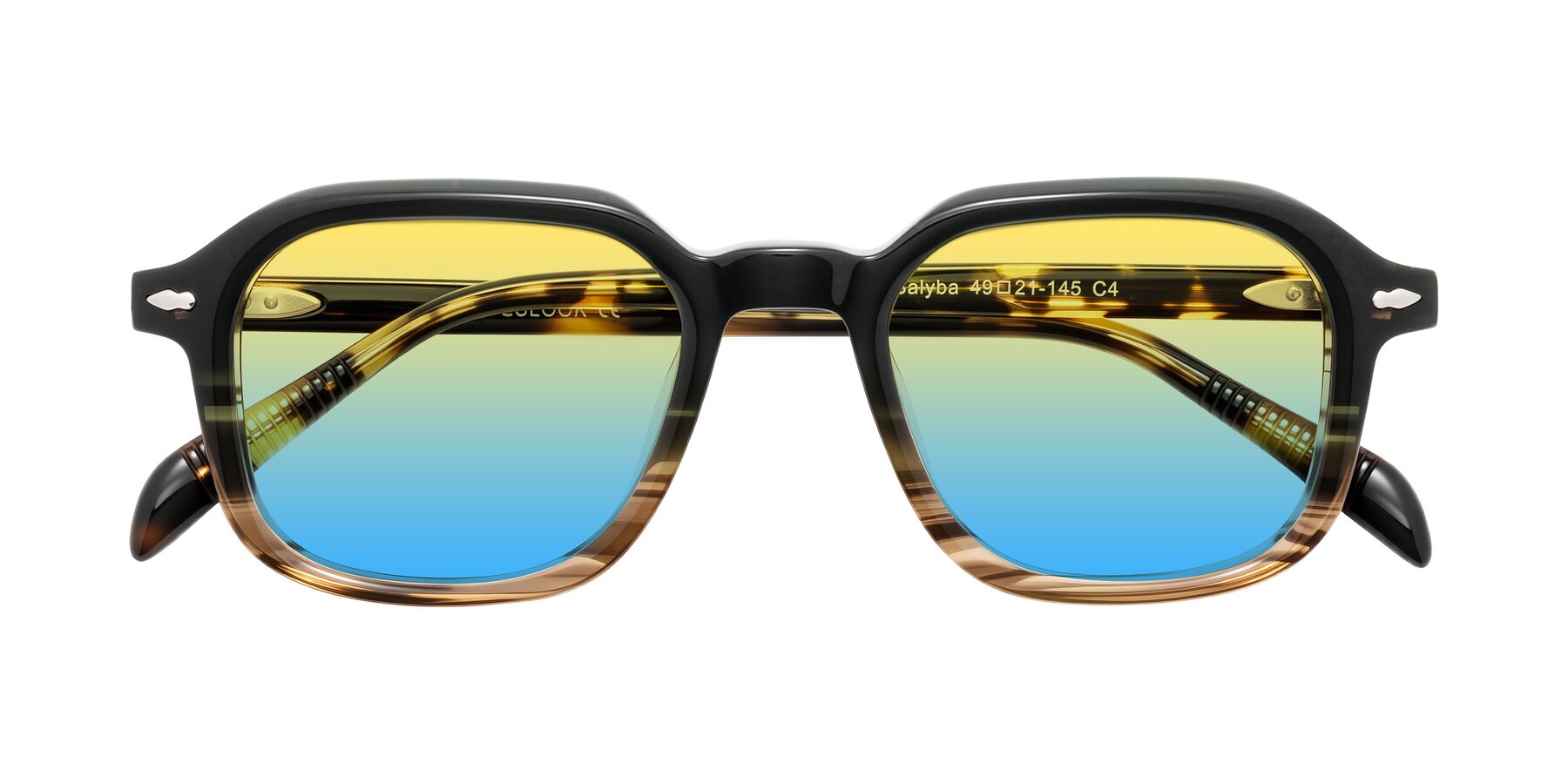 Folded Front of Salyba in Dark Green/Brown Striped with Yellow / Blue Gradient Lenses