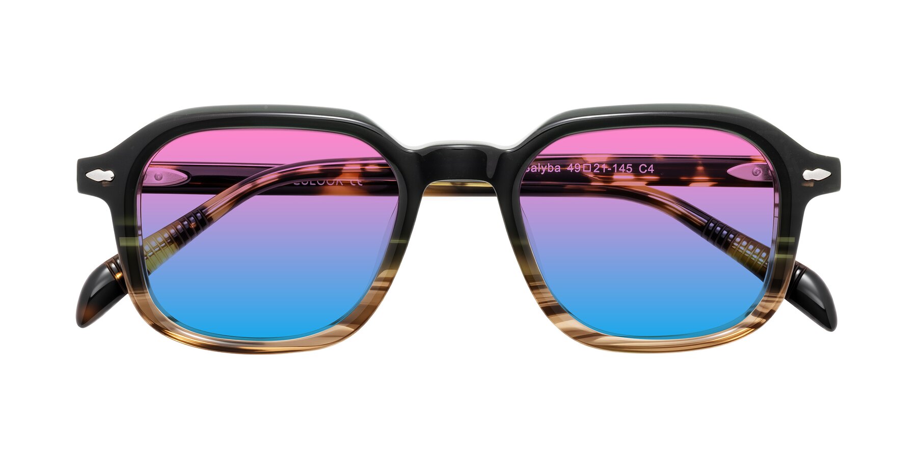 Folded Front of Salyba in Dark Green/Brown Striped with Pink / Blue Gradient Lenses