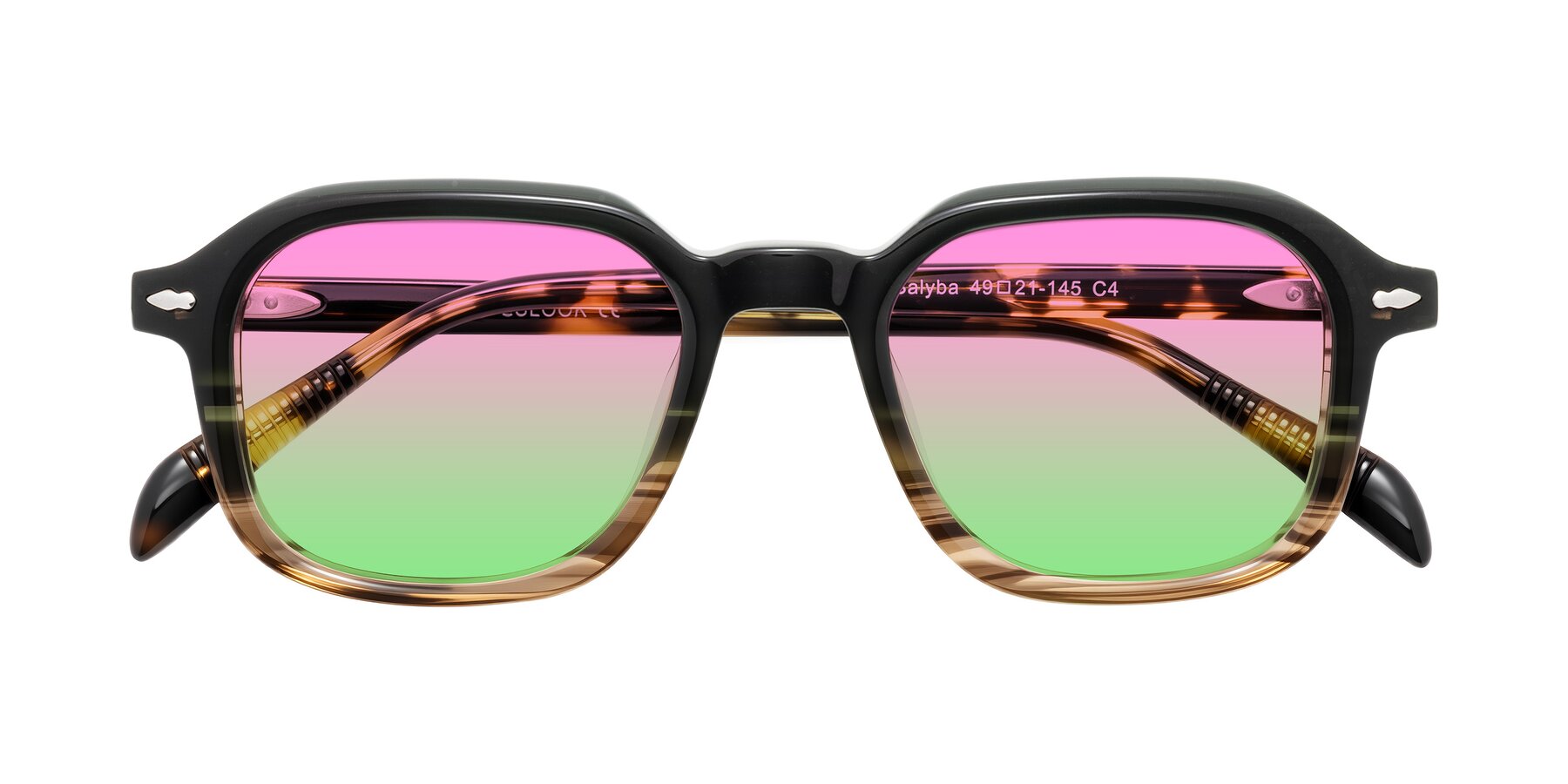 Folded Front of Salyba in Dark Green/Brown Striped with Pink / Green Gradient Lenses