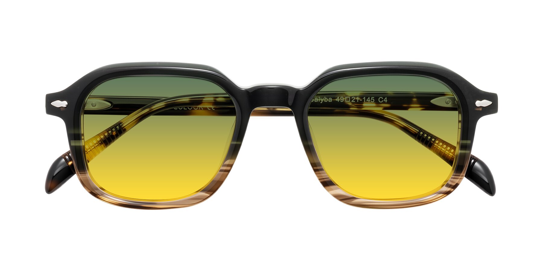 Folded Front of Salyba in Dark Green/Brown Striped with Green / Yellow Gradient Lenses