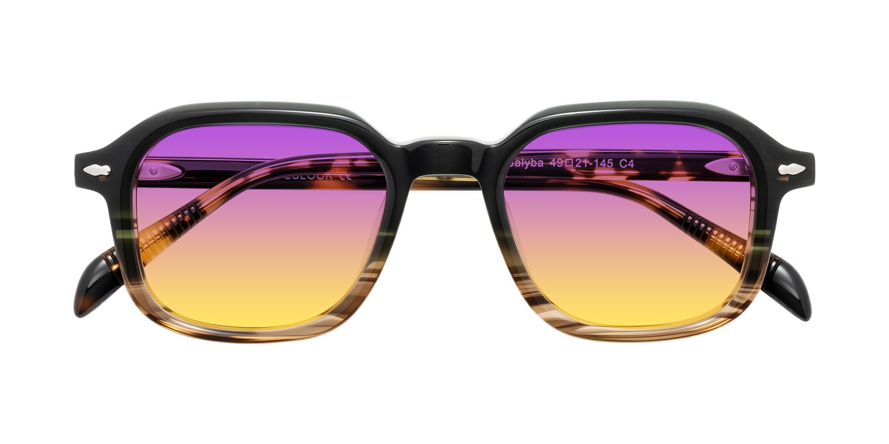 Folded Front of Salyba in Dark Green/Brown Striped with Purple / Yellow Gradient Lenses