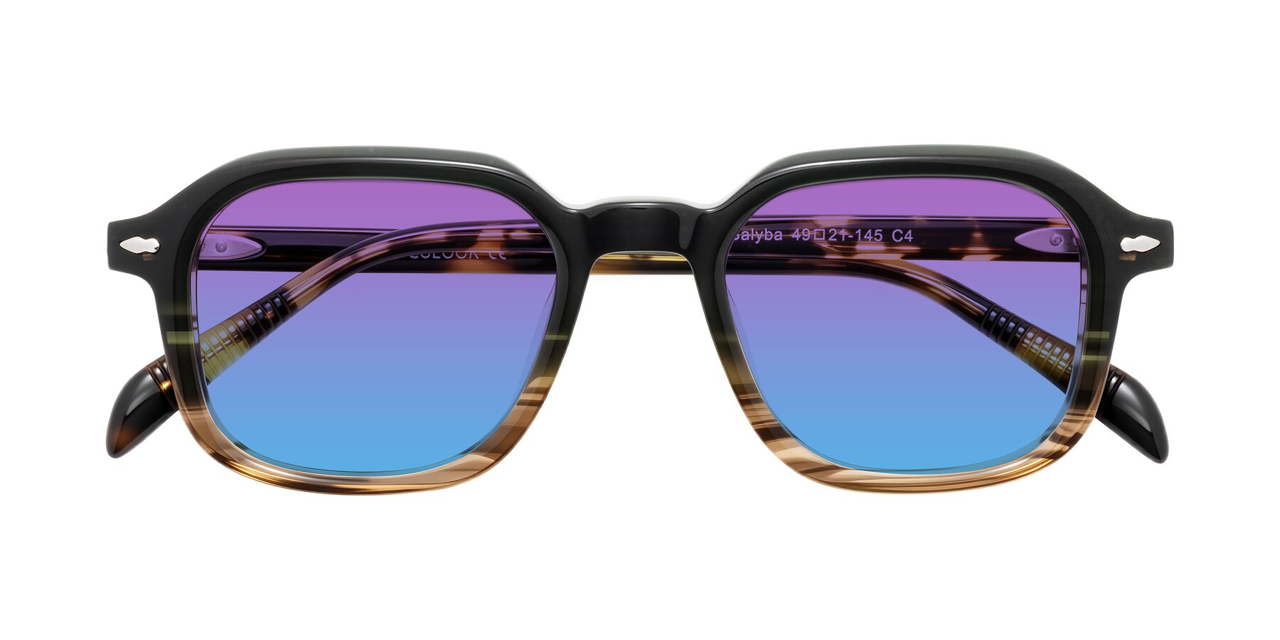 Folded Front of Salyba in Dark Green/Brown Striped with Purple / Blue Gradient Lenses