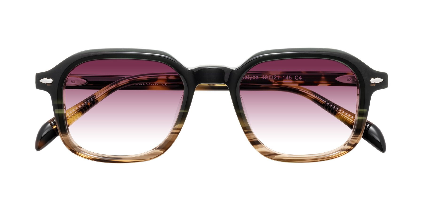Folded Front of Salyba in Dark Green/Brown Striped with Wine Gradient Lenses