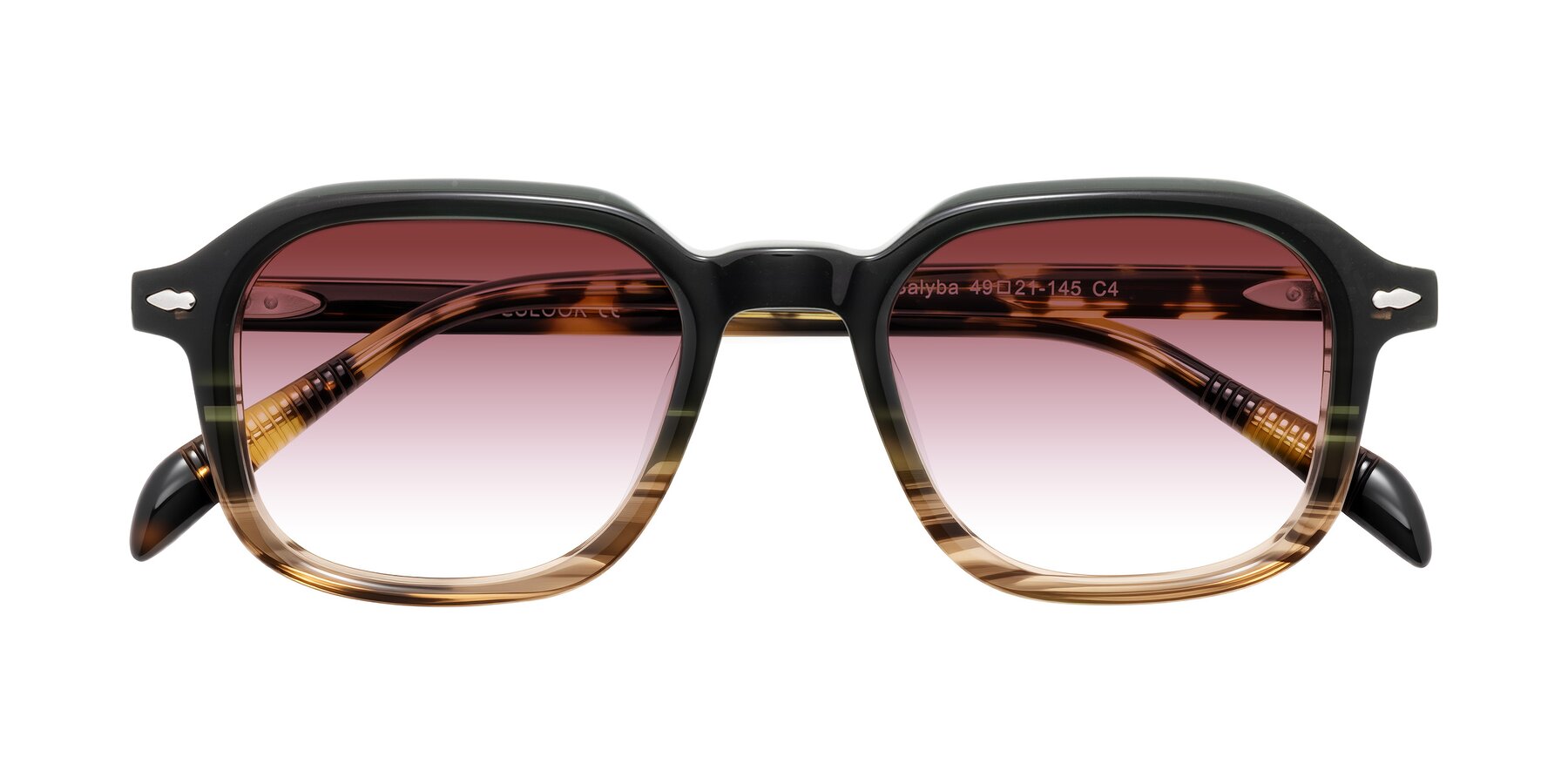 Folded Front of Salyba in Dark Green/Brown Striped with Garnet Gradient Lenses