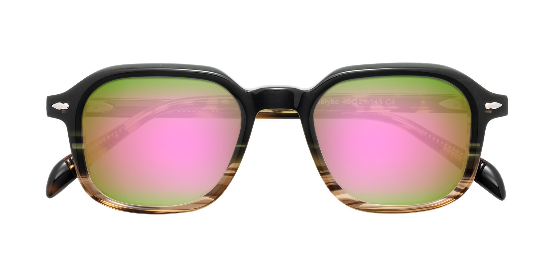 Folded Front of Salyba in Dark Green/Brown Striped with Pink Mirrored Lenses