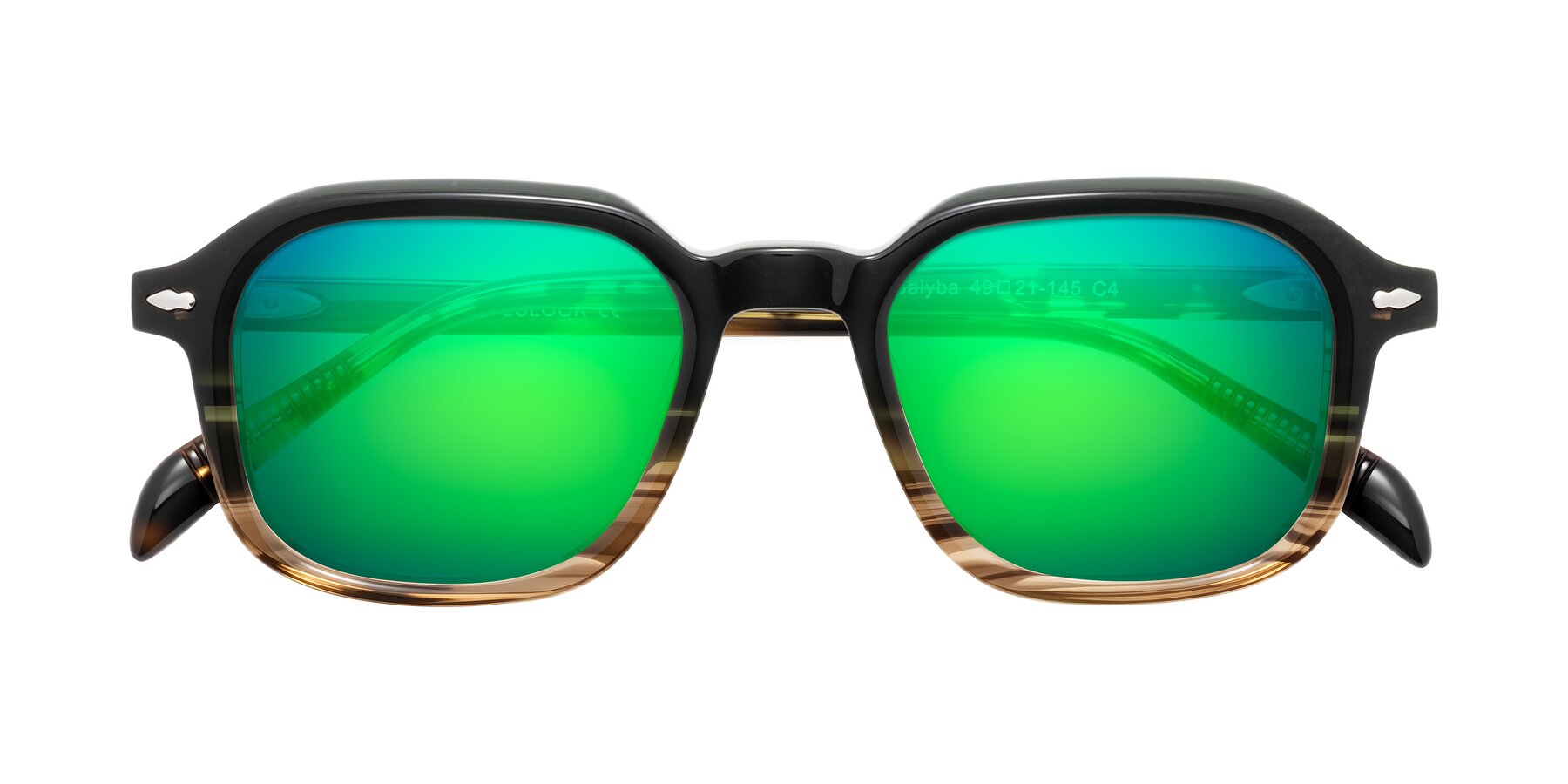 Folded Front of Salyba in Dark Green/Brown Striped with Green Mirrored Lenses