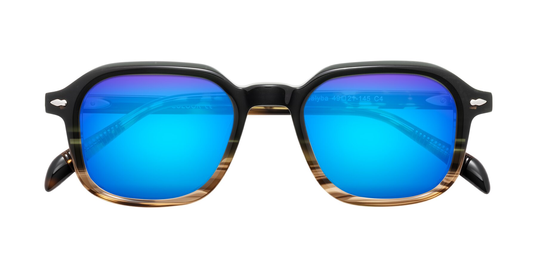 Folded Front of Salyba in Dark Green/Brown Striped with Blue Mirrored Lenses