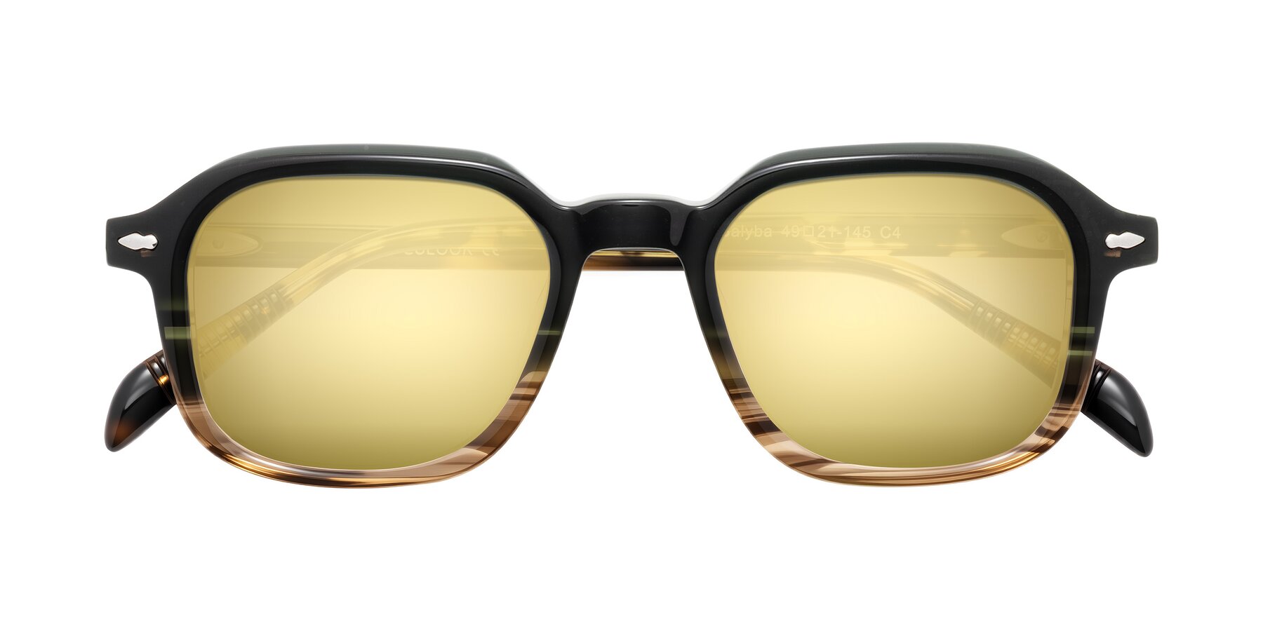 Folded Front of Salyba in Dark Green/Brown Striped with Gold Mirrored Lenses