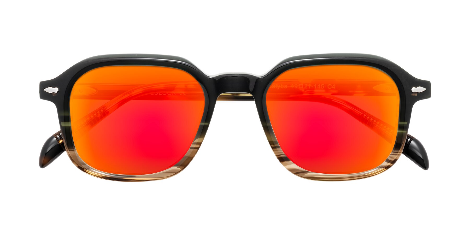 Folded Front of Salyba in Dark Green/Brown Striped with Red Gold Mirrored Lenses