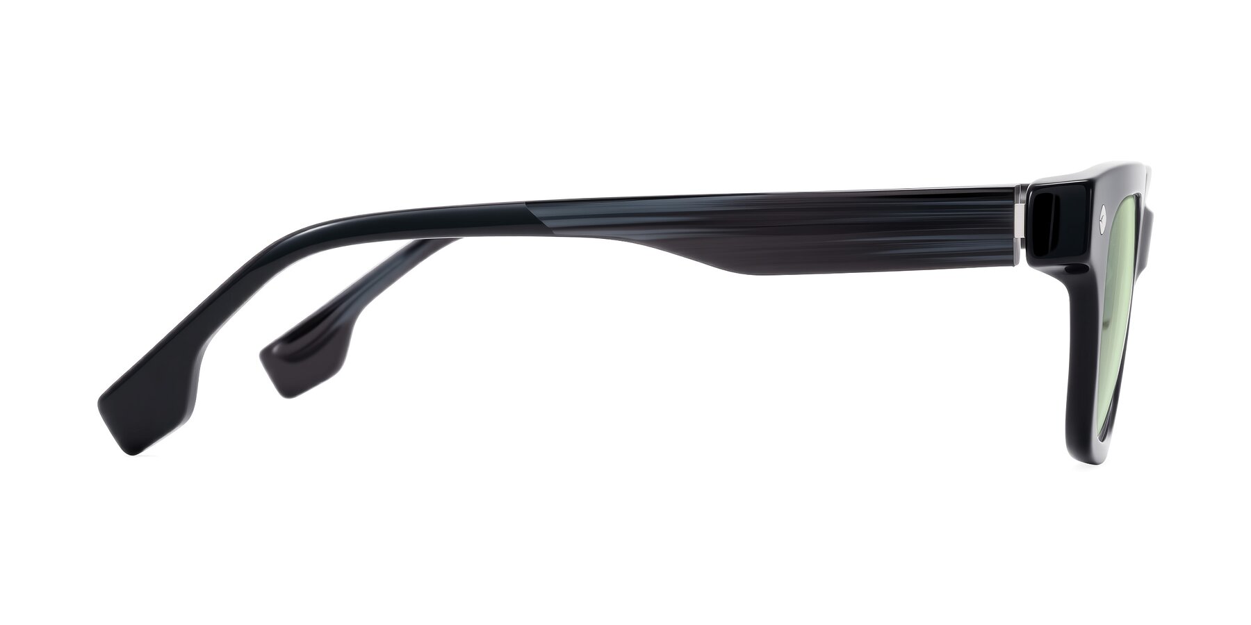 Side of Jensen in Black/Gray Striped with Light Green Tinted Lenses