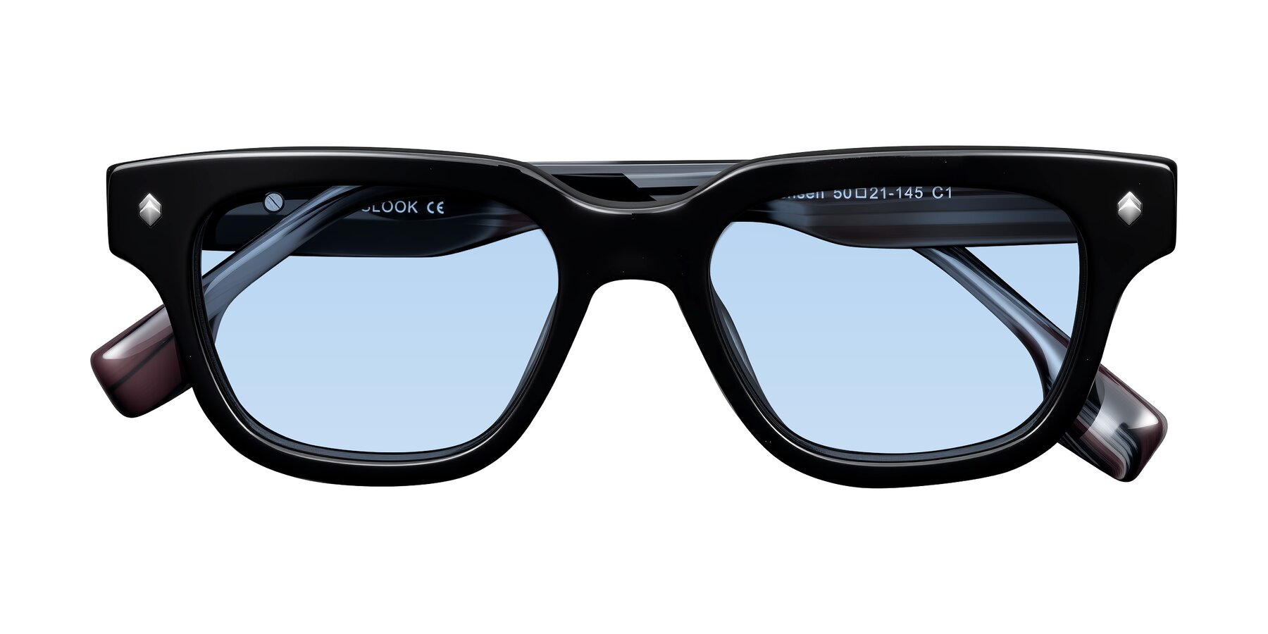 Folded Front of Jensen in Black/Gray Striped with Light Blue Tinted Lenses