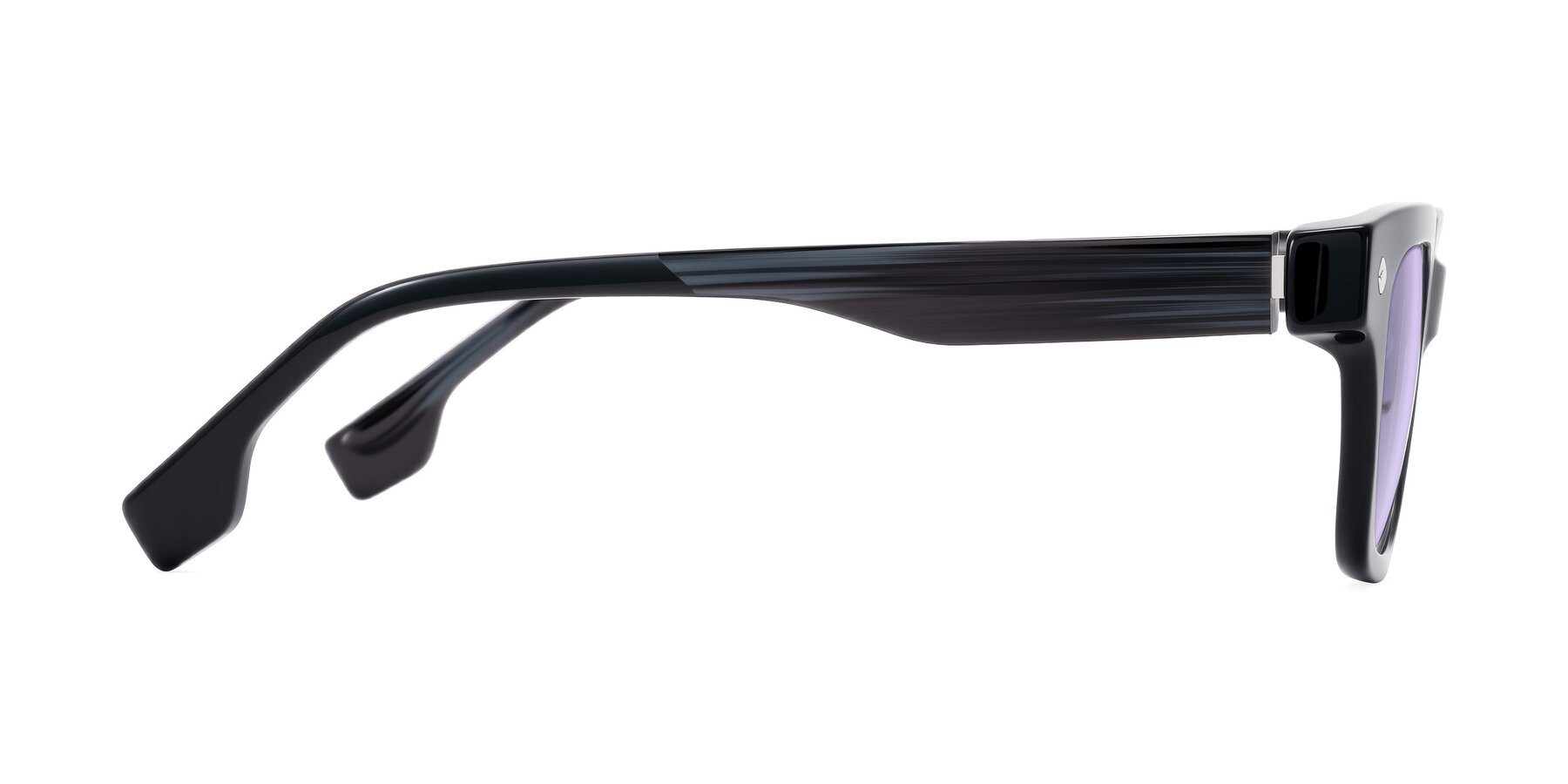 Side of Jensen in Black/Gray Striped with Light Purple Tinted Lenses