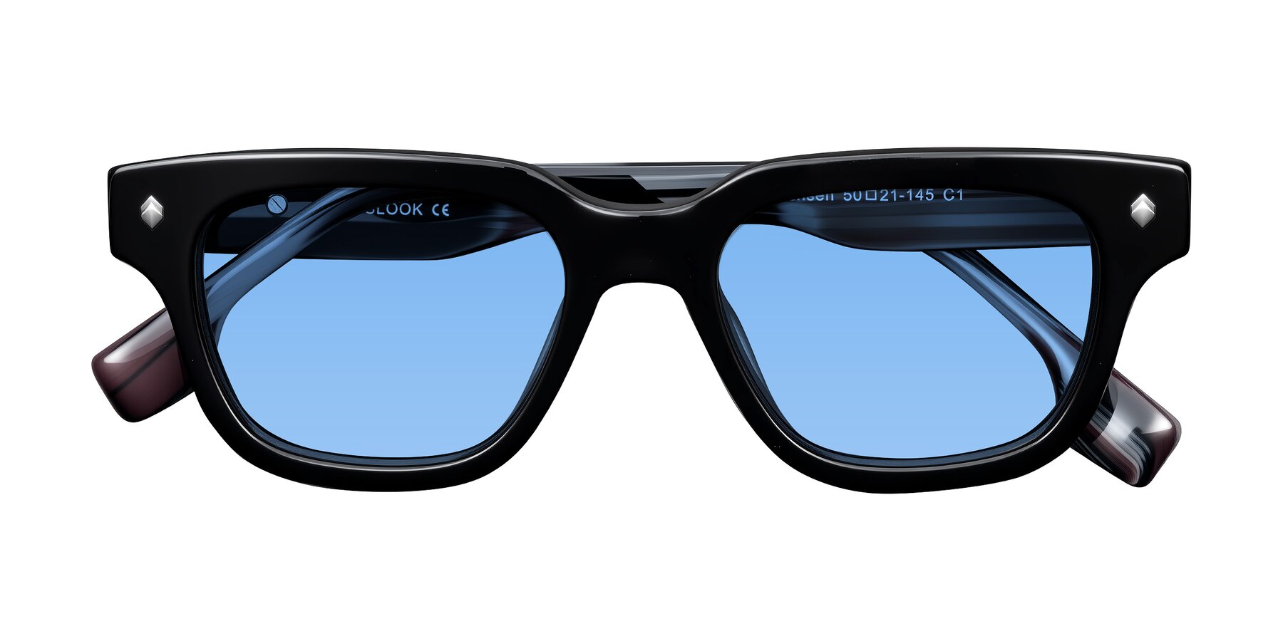 Folded Front of Jensen in Black/Gray Striped with Medium Blue Tinted Lenses