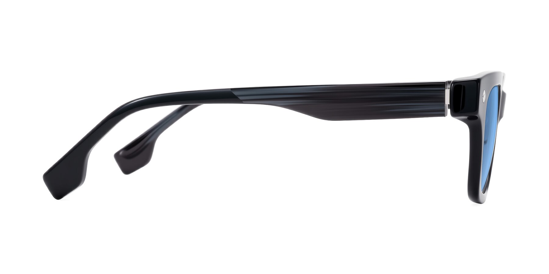 Side of Jensen in Black/Gray Striped with Medium Blue Tinted Lenses