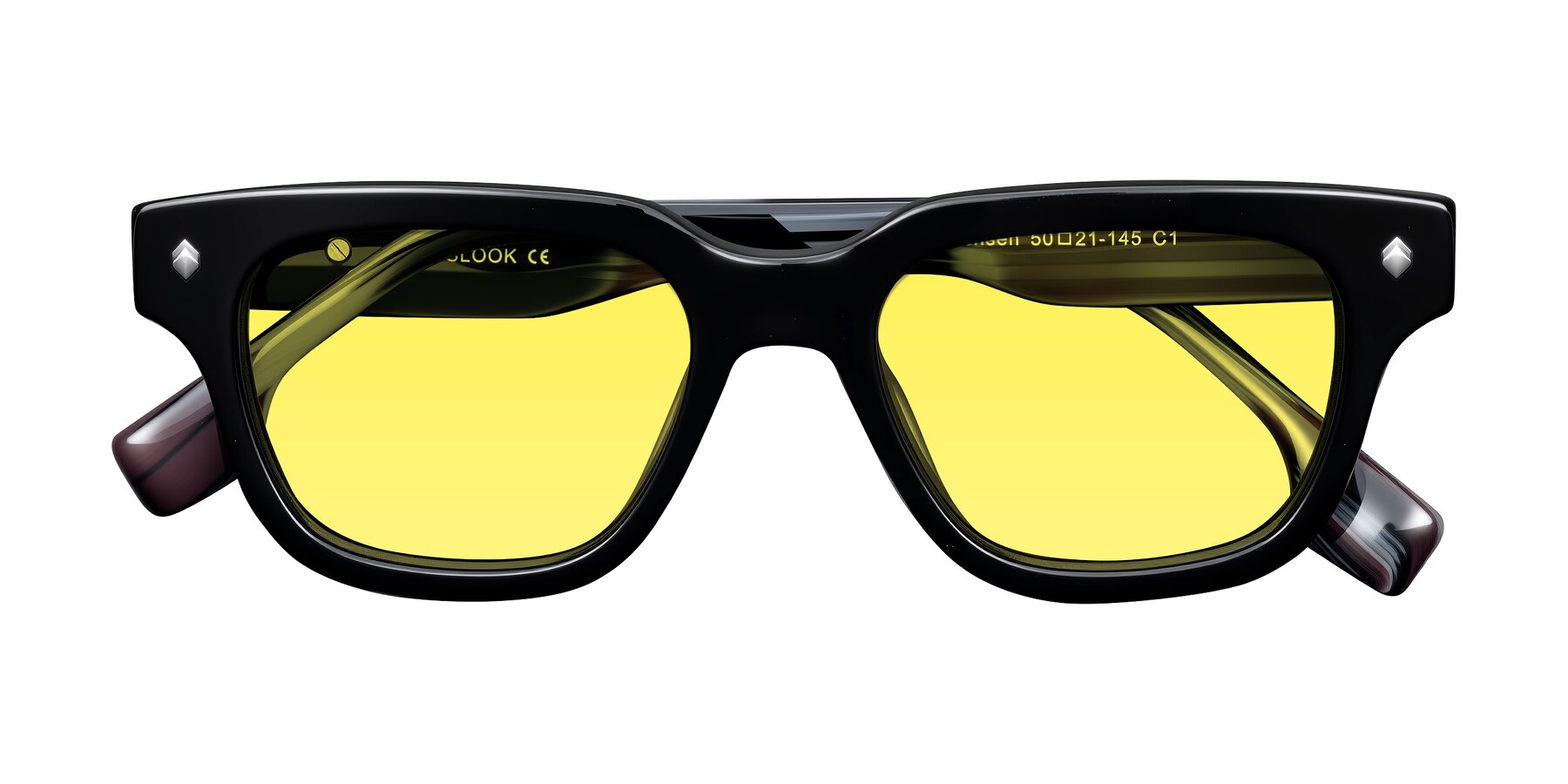 Folded Front of Jensen in Black/Gray Striped with Medium Yellow Tinted Lenses