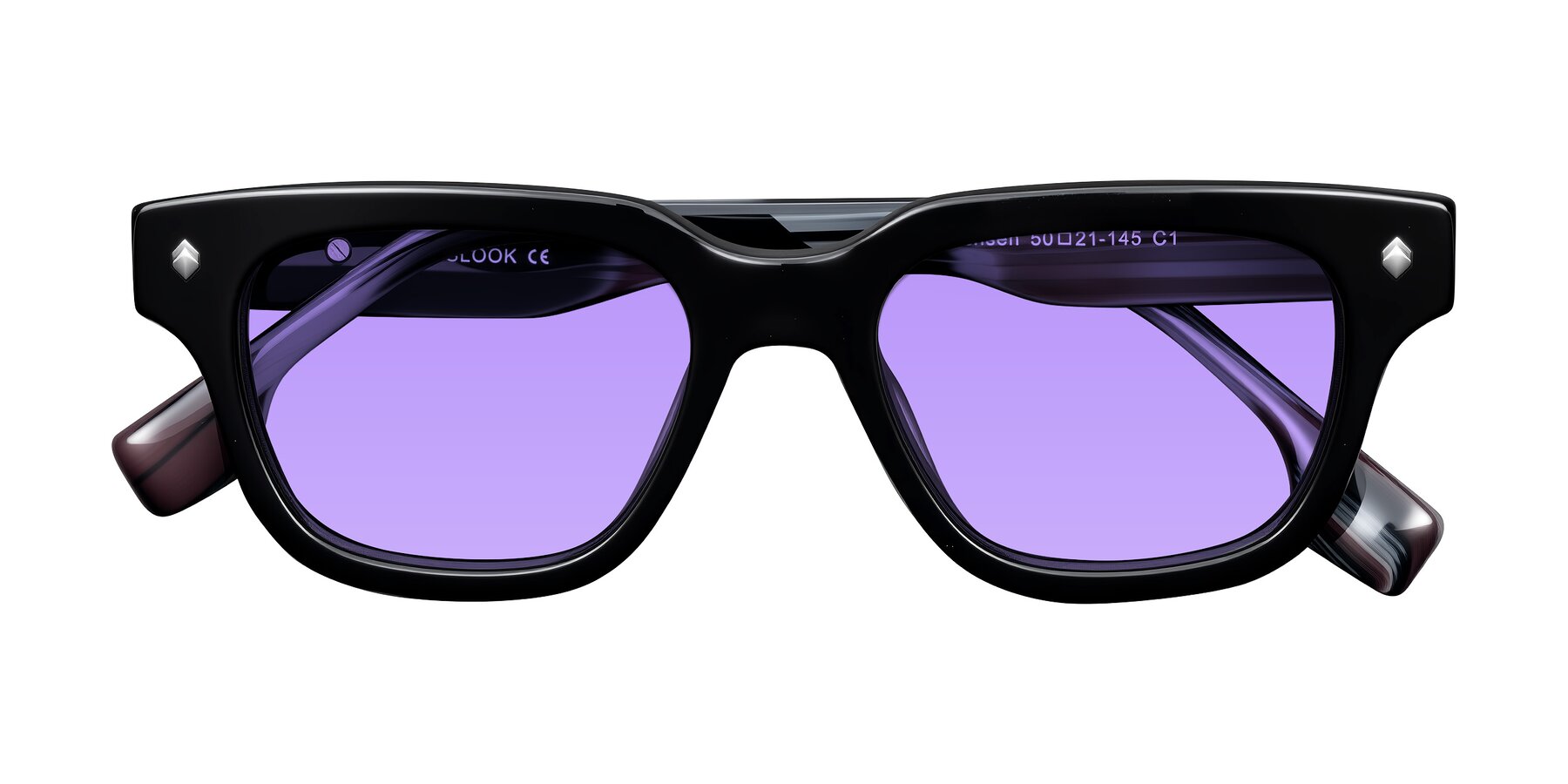 Folded Front of Jensen in Black/Gray Striped with Medium Purple Tinted Lenses