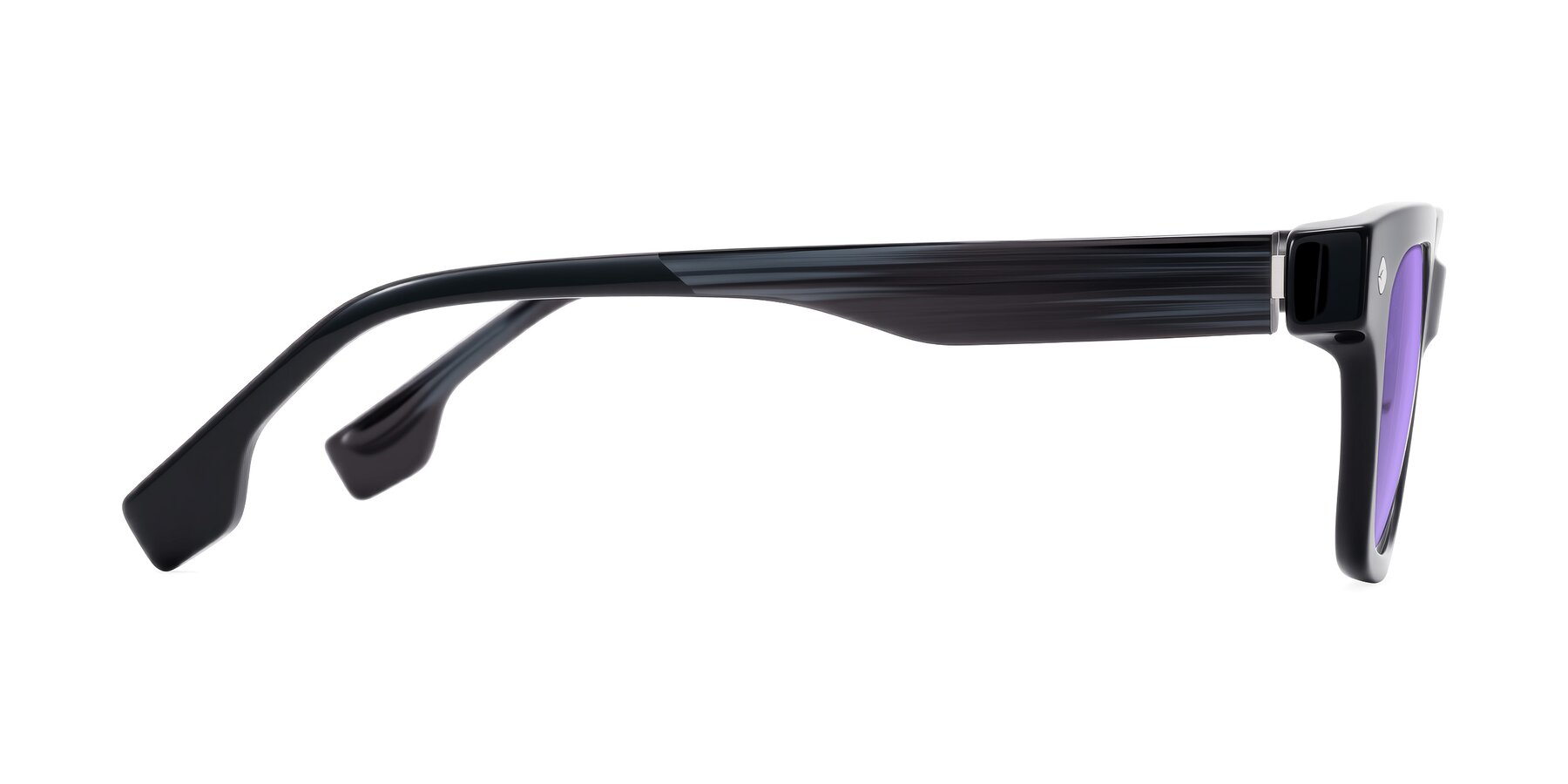 Side of Jensen in Black/Gray Striped with Medium Purple Tinted Lenses