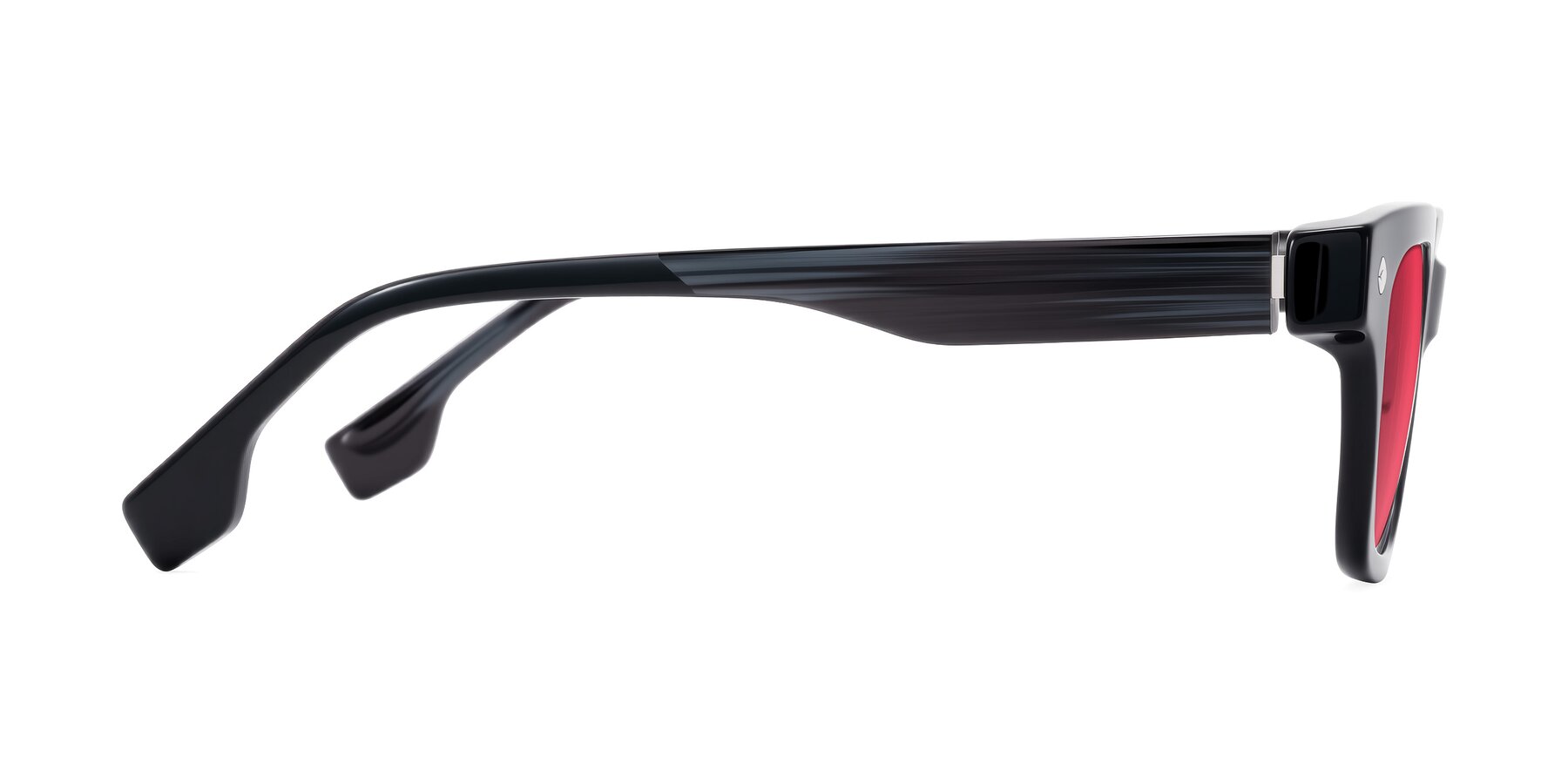 Side of Jensen in Black/Gray Striped with Red Tinted Lenses