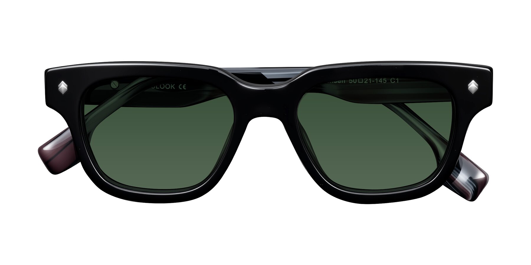 Folded Front of Jensen in Black/Gray Striped with Green Tinted Lenses