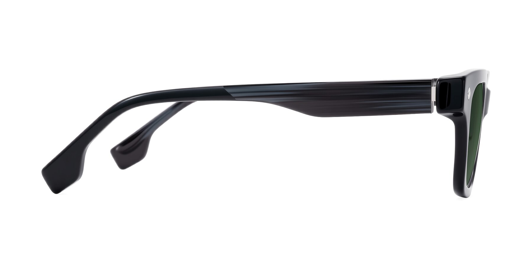 Side of Jensen in Black/Gray Striped with Green Tinted Lenses