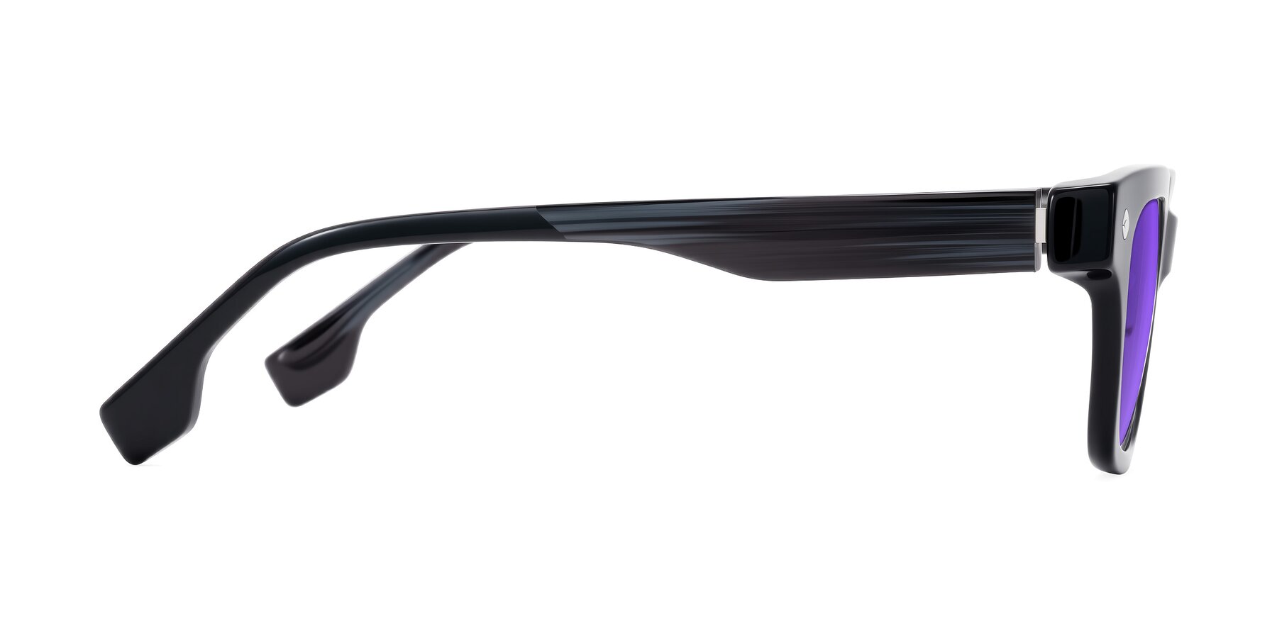 Side of Jensen in Black/Gray Striped with Purple Tinted Lenses