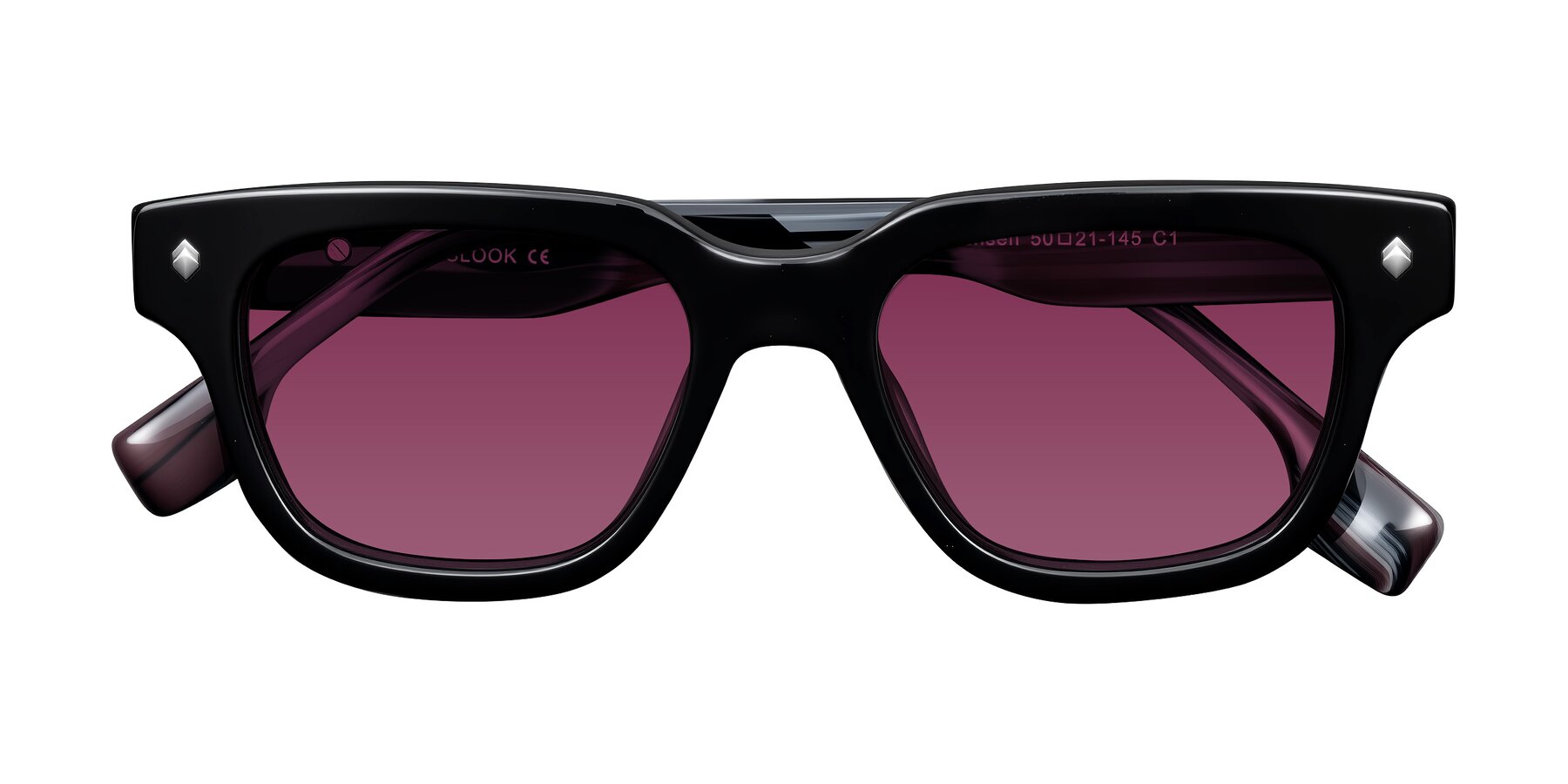 Folded Front of Jensen in Black/Gray Striped with Wine Tinted Lenses