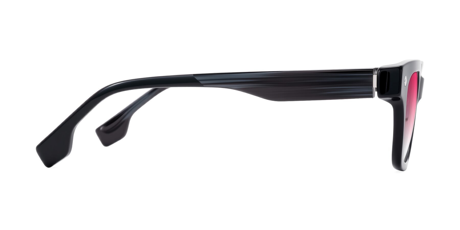 Side of Jensen in Black/Gray Striped with Pink Gradient Lenses