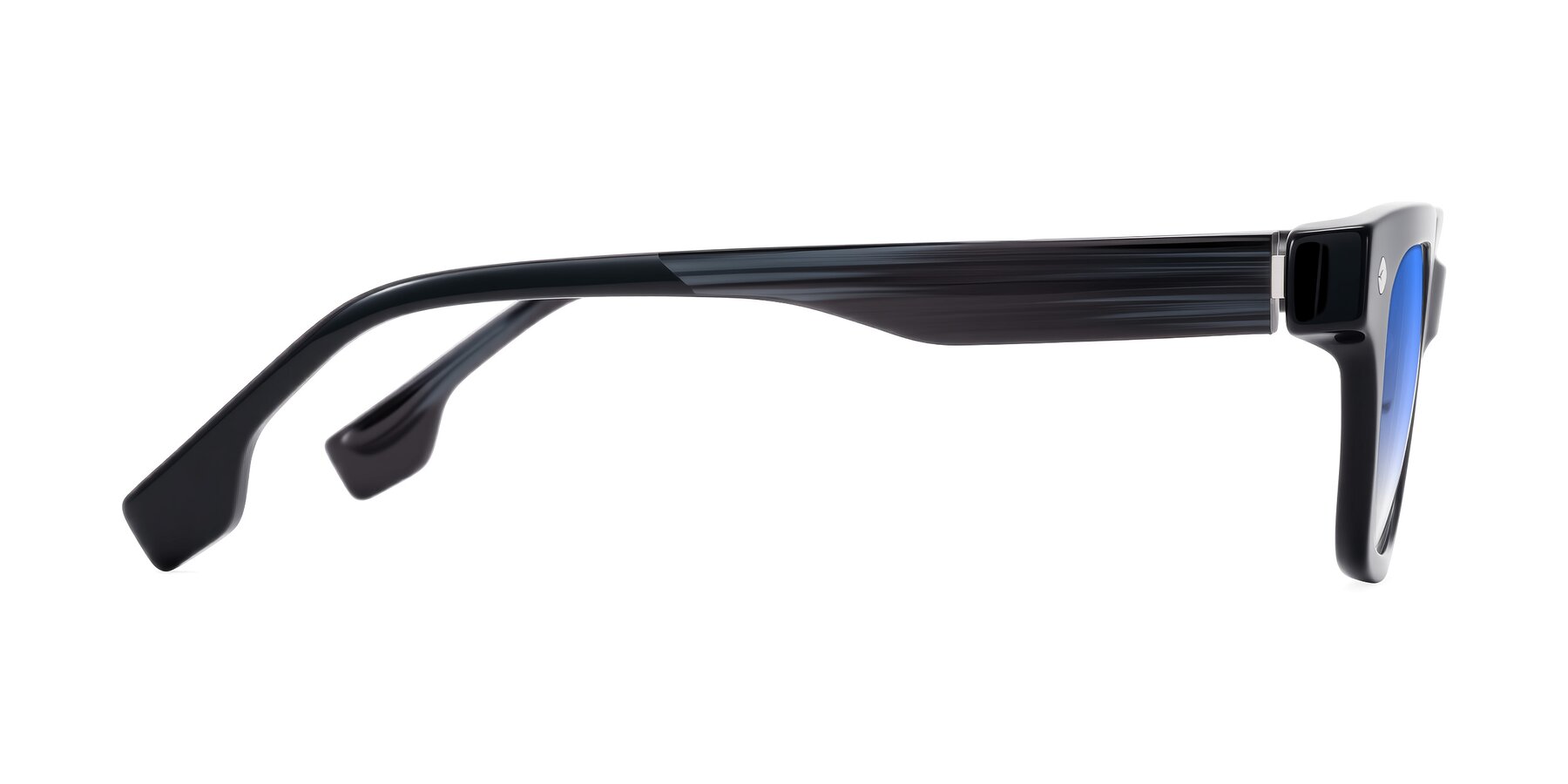 Side of Jensen in Black/Gray Striped with Blue Gradient Lenses