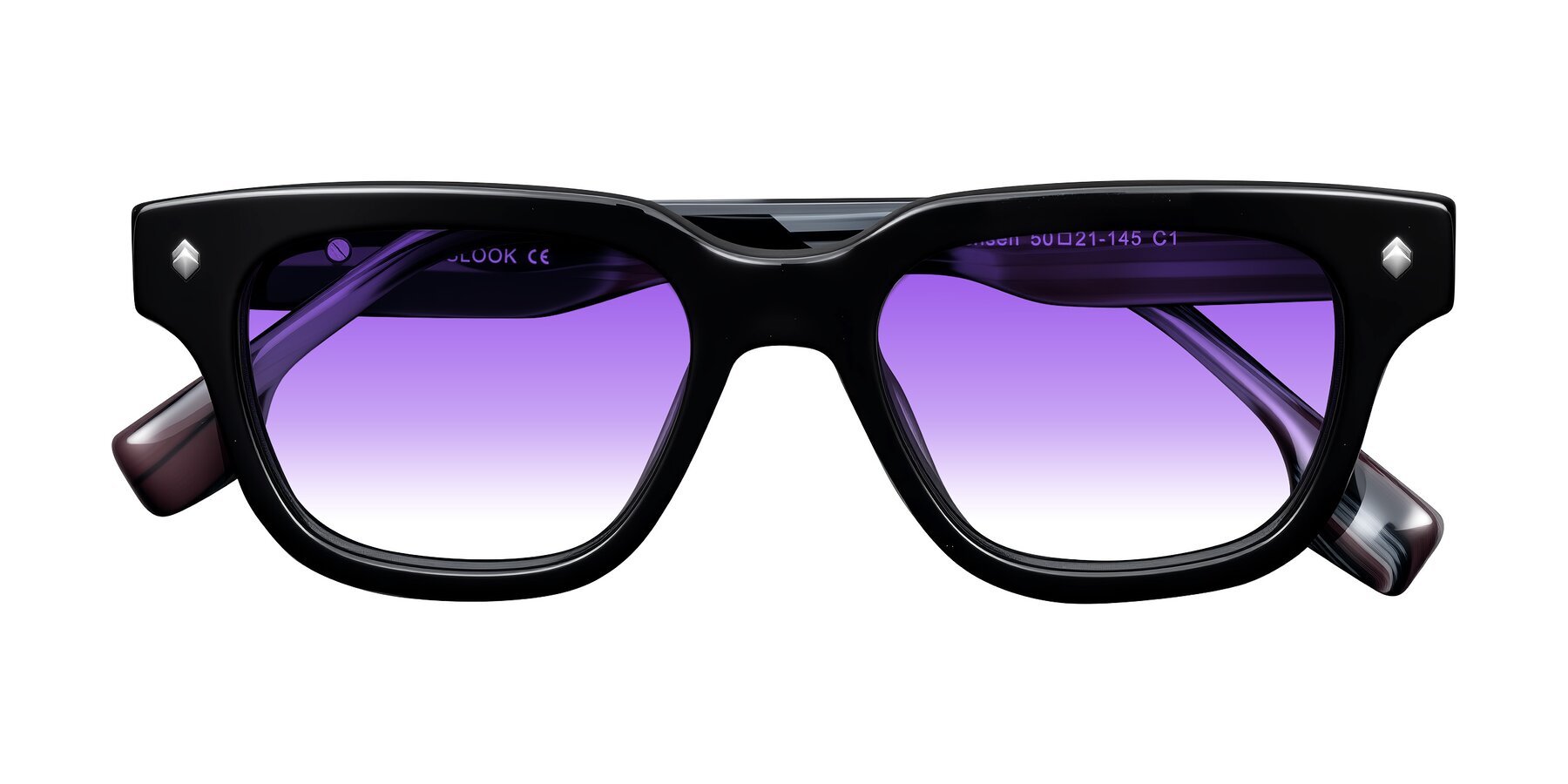 Folded Front of Jensen in Black/Gray Striped with Purple Gradient Lenses