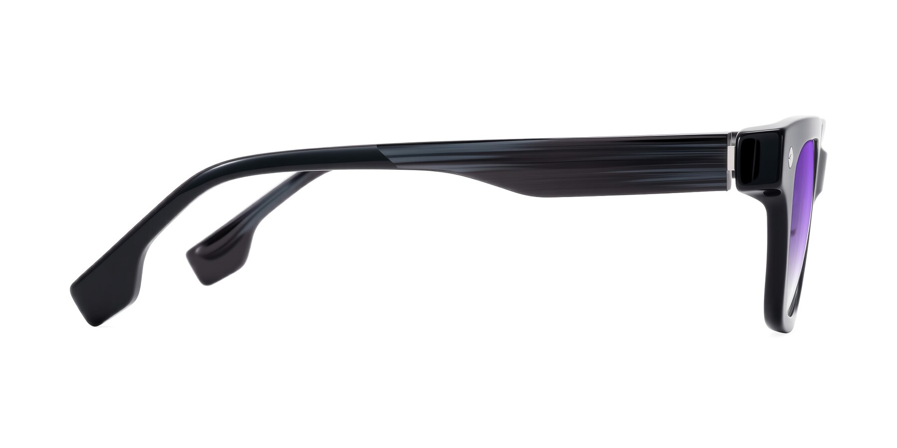 Side of Jensen in Black/Gray Striped with Purple Gradient Lenses