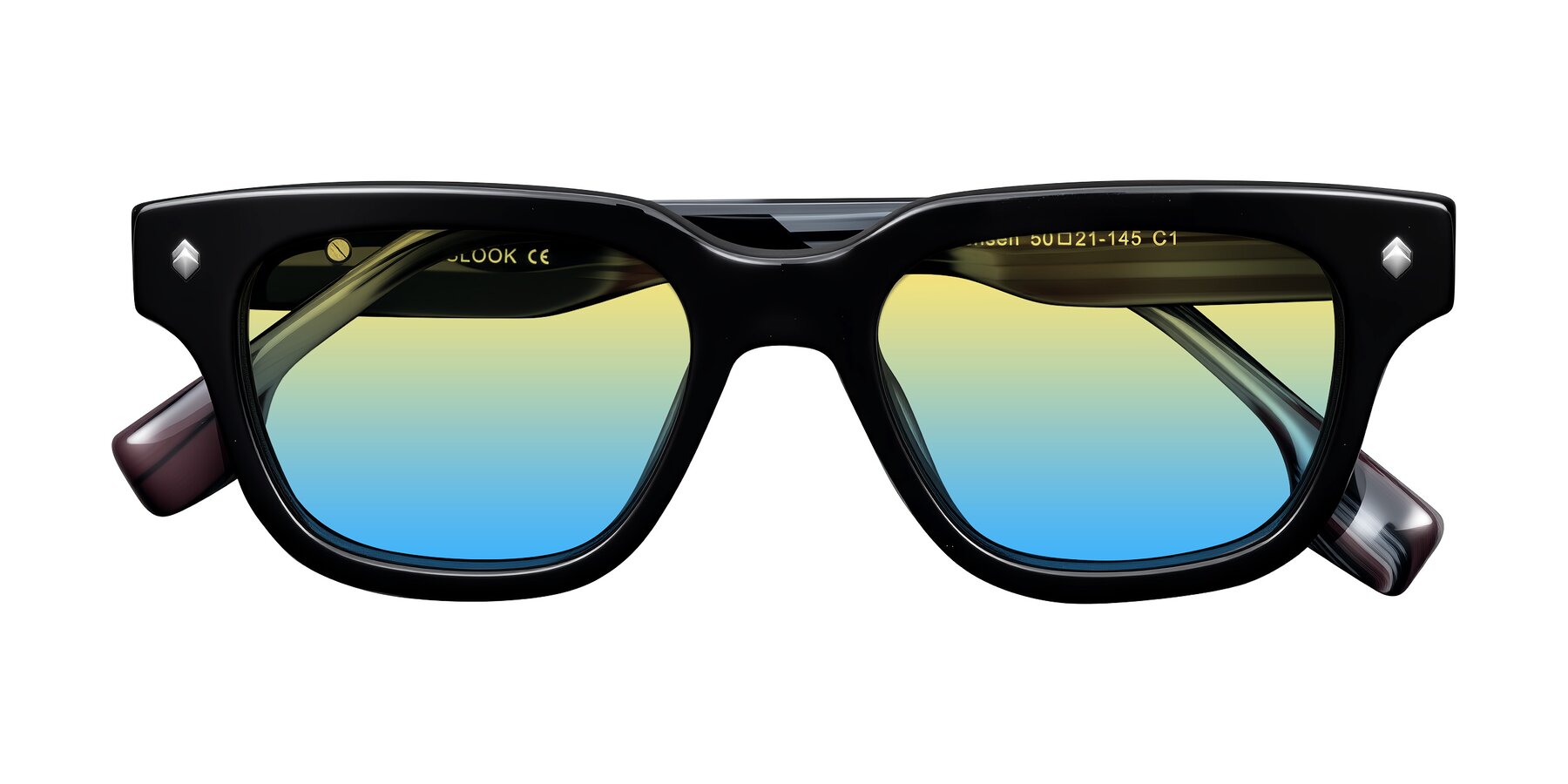 Folded Front of Jensen in Black/Gray Striped with Yellow / Blue Gradient Lenses