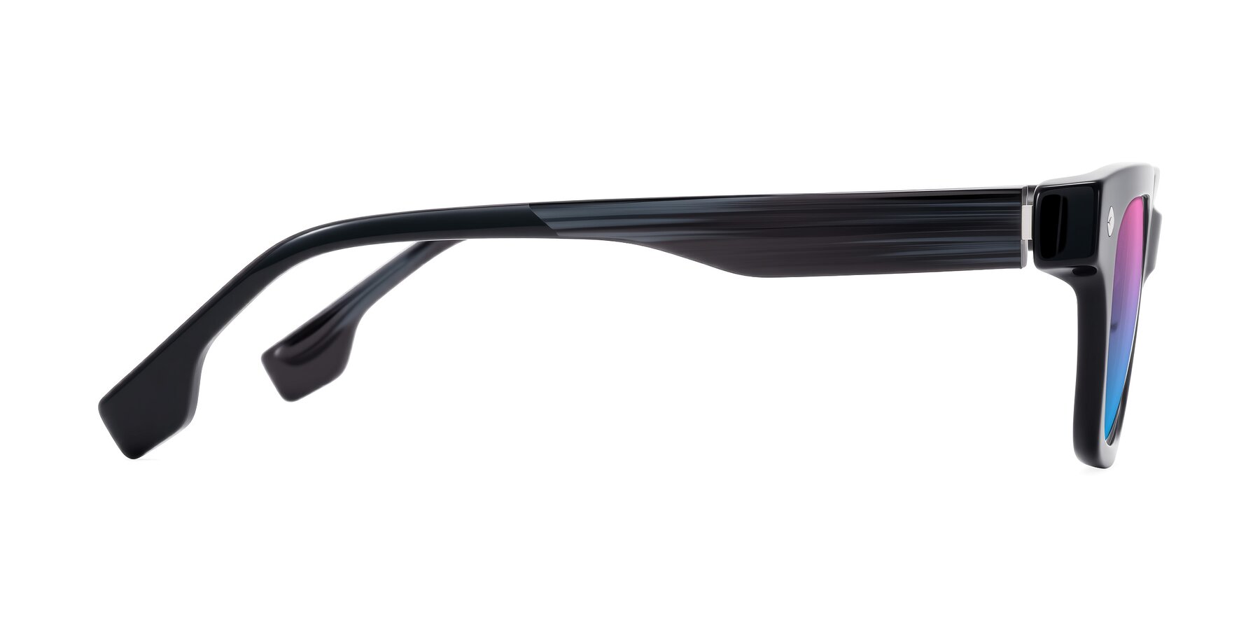 Side of Jensen in Black/Gray Striped with Pink / Blue Gradient Lenses