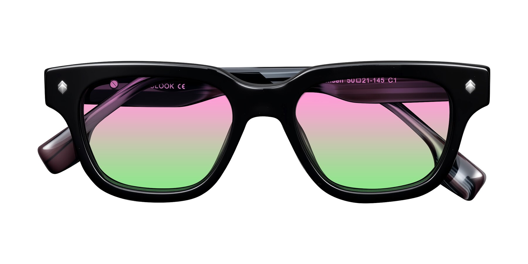 Folded Front of Jensen in Black/Gray Striped with Pink / Green Gradient Lenses