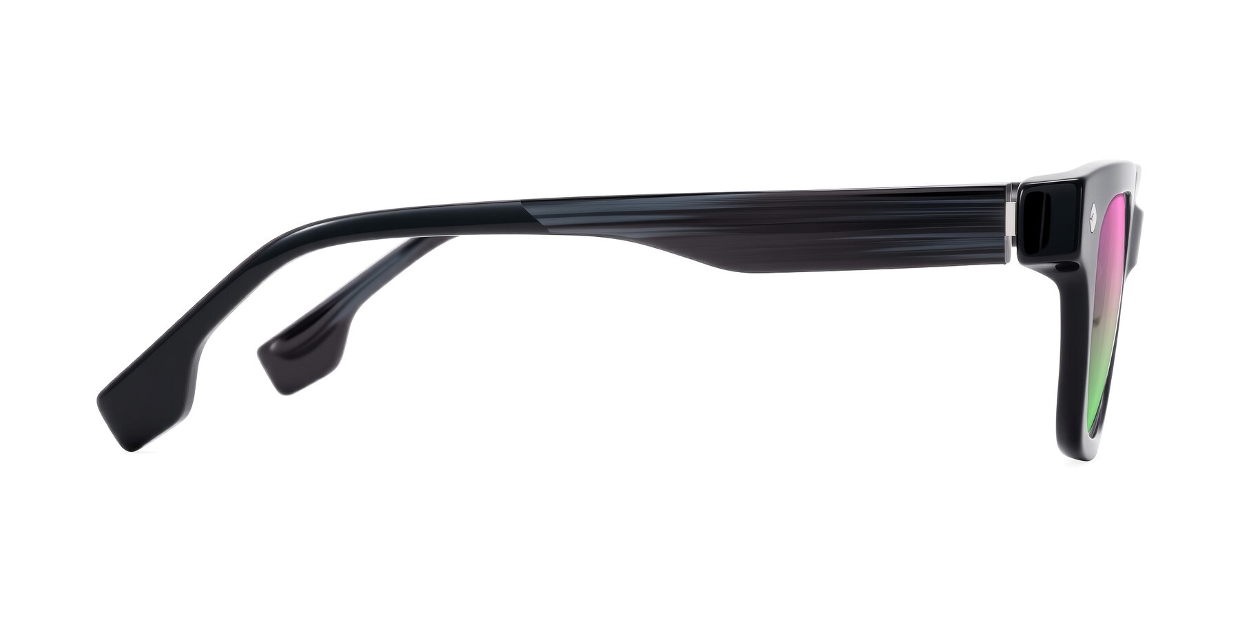 Side of Jensen in Black/Gray Striped with Pink / Green Gradient Lenses
