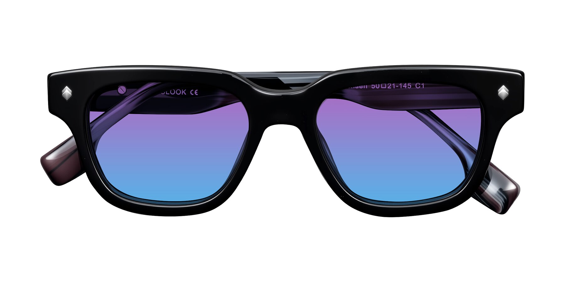 Folded Front of Jensen in Black/Gray Striped with Purple / Blue Gradient Lenses