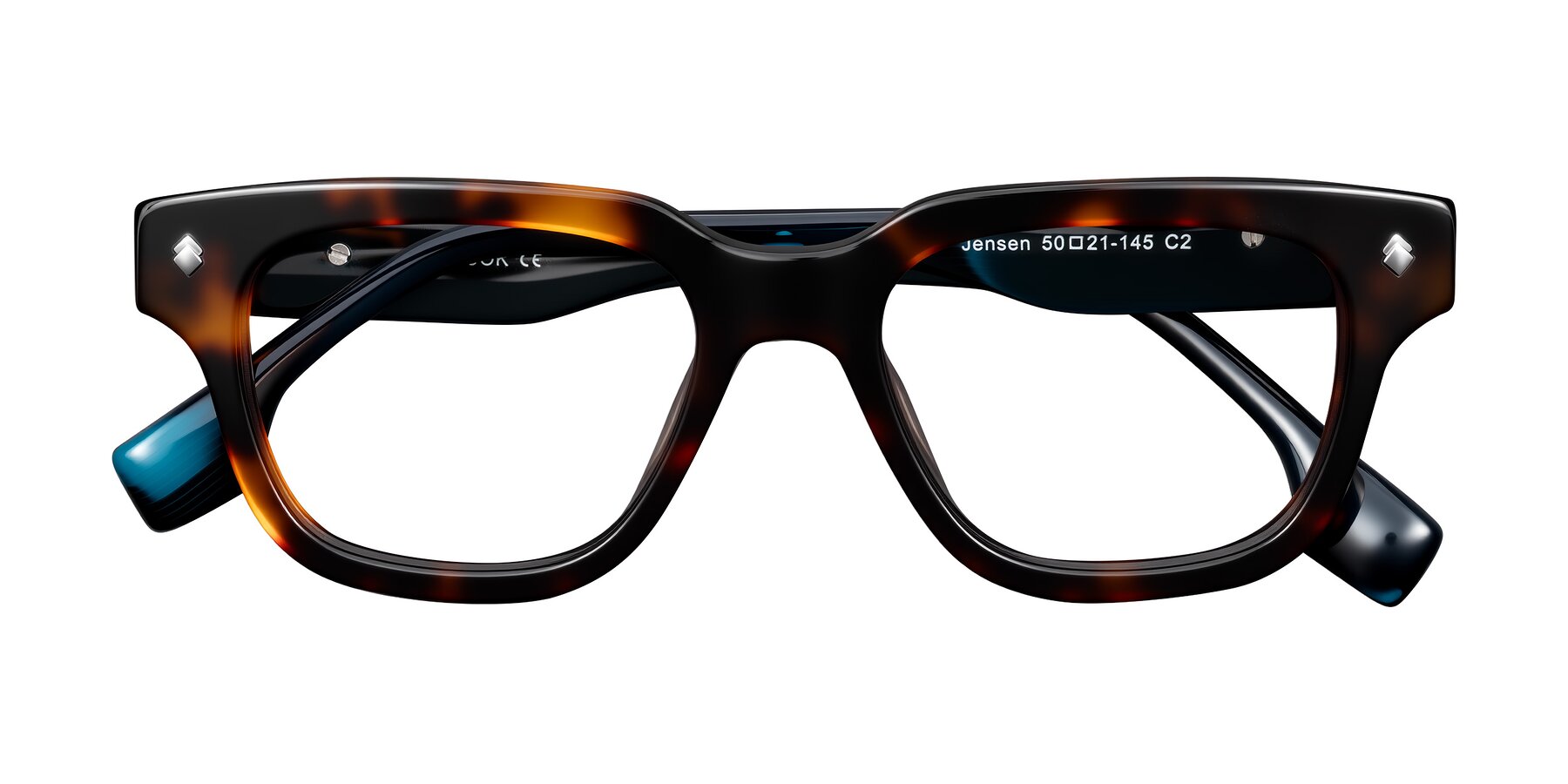 Folded Front of Jensen in Tortoise/Teal Striped with Clear Reading Eyeglass Lenses