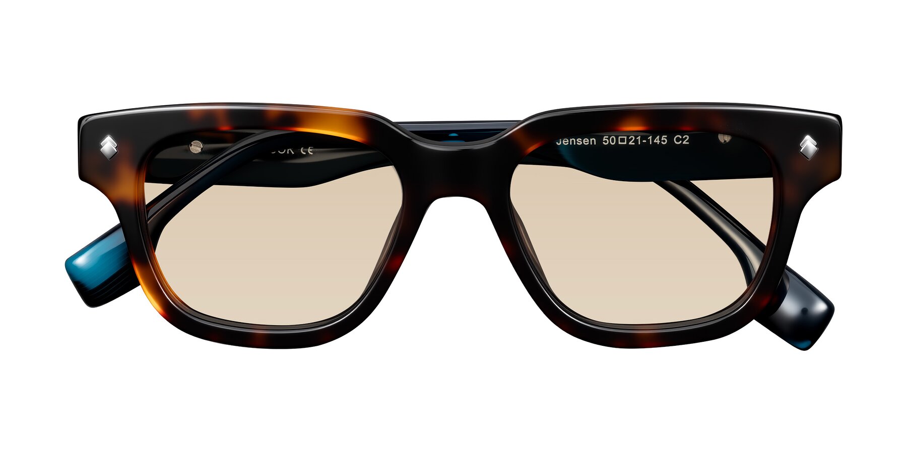 Folded Front of Jensen in Tortoise/Teal Striped with Light Brown Tinted Lenses