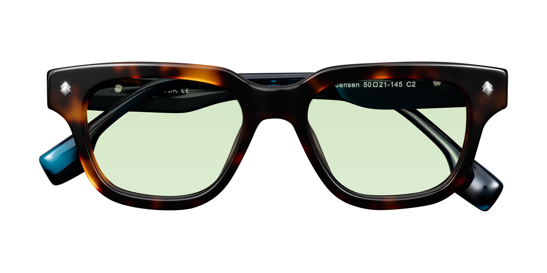 Folded Front of Jensen in Tortoise/Teal Striped with Light Green Tinted Lenses