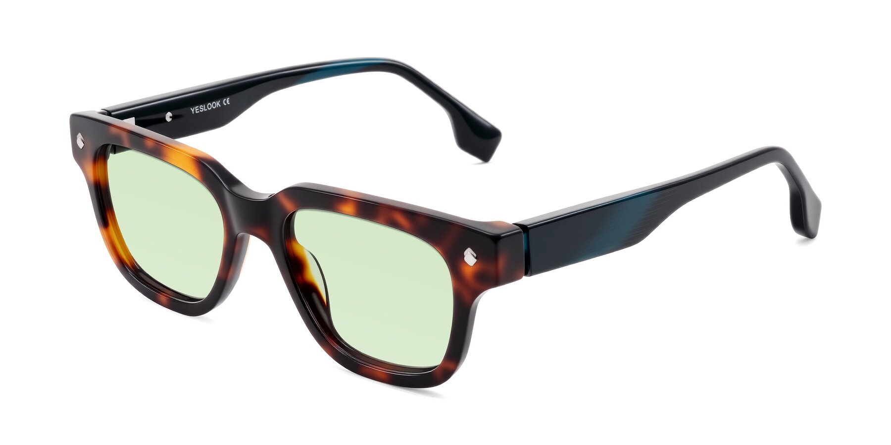Angle of Jensen in Tortoise/Teal Striped with Light Green Tinted Lenses
