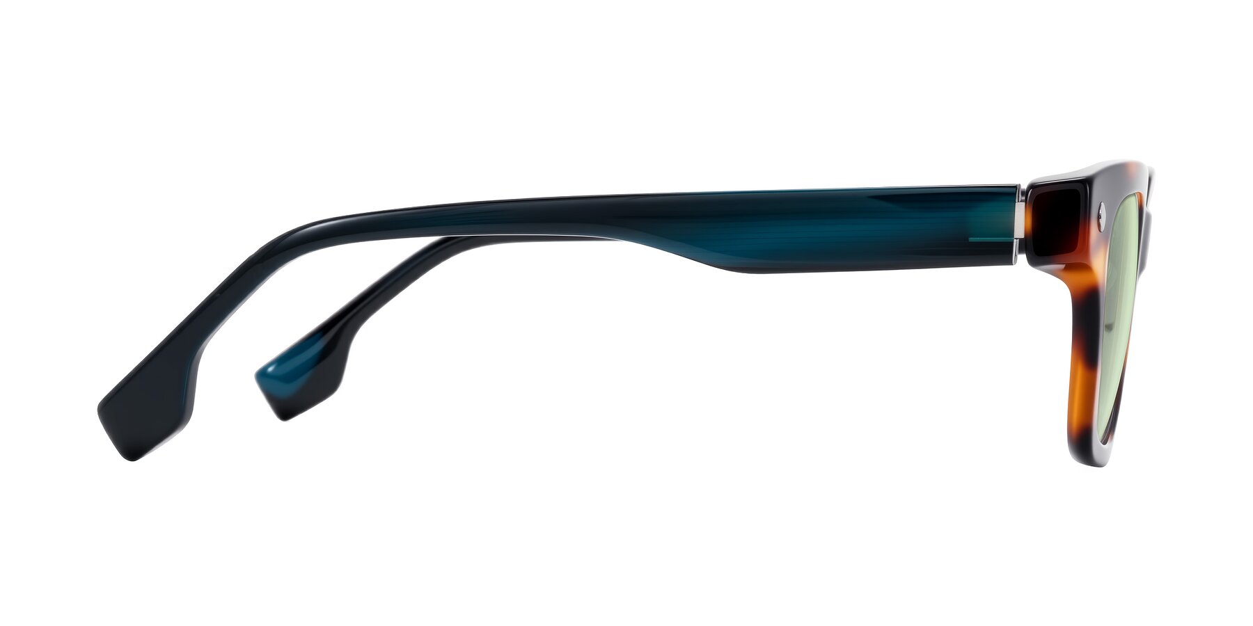 Side of Jensen in Tortoise/Teal Striped with Light Green Tinted Lenses
