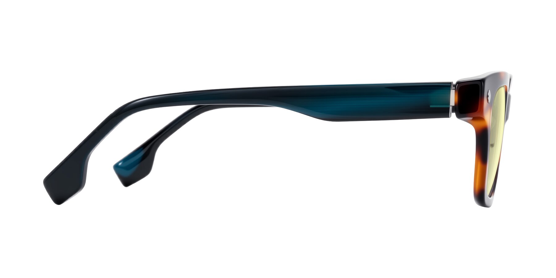 Side of Jensen in Tortoise/Teal Striped with Light Yellow Tinted Lenses
