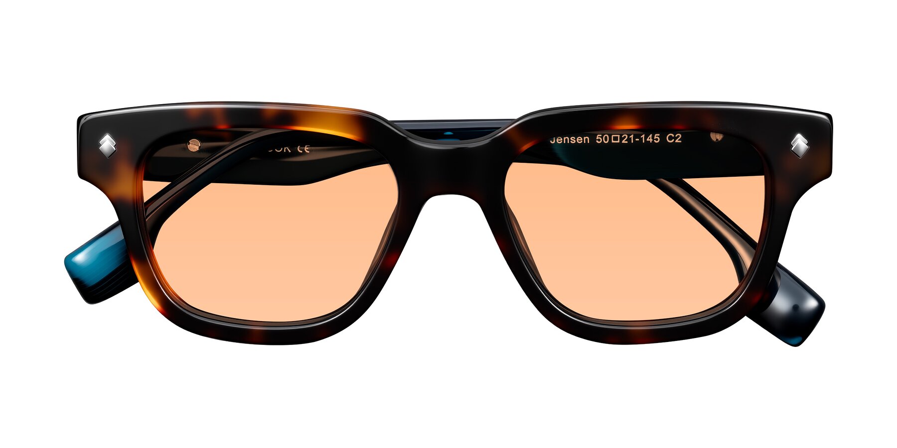 Folded Front of Jensen in Tortoise/Teal Striped with Light Orange Tinted Lenses