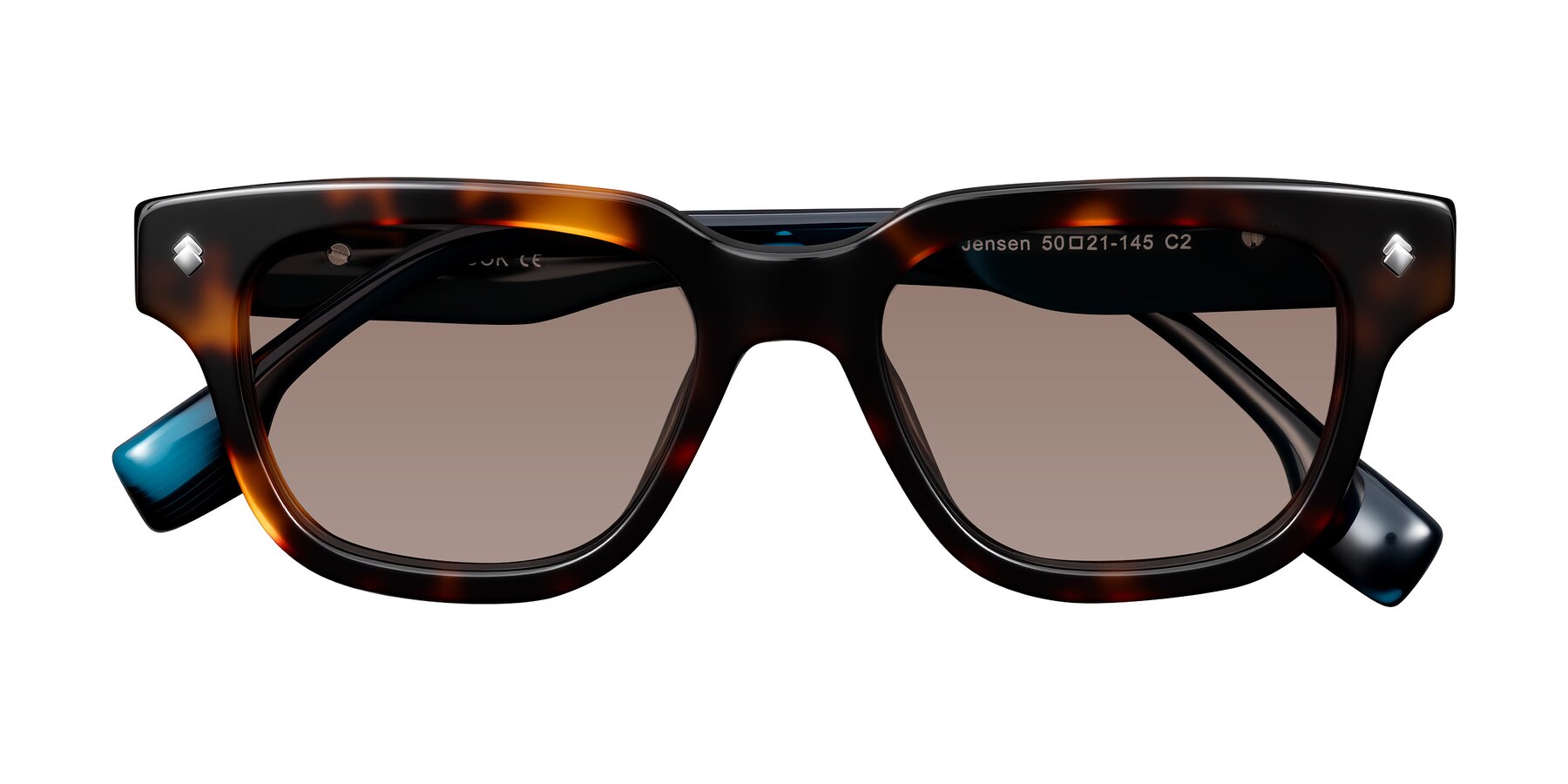 Folded Front of Jensen in Tortoise/Teal Striped with Medium Brown Tinted Lenses
