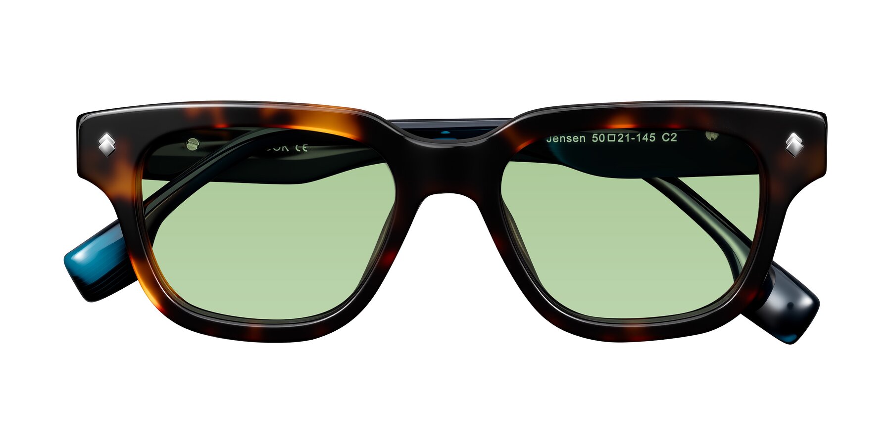 Folded Front of Jensen in Tortoise/Teal Striped with Medium Green Tinted Lenses
