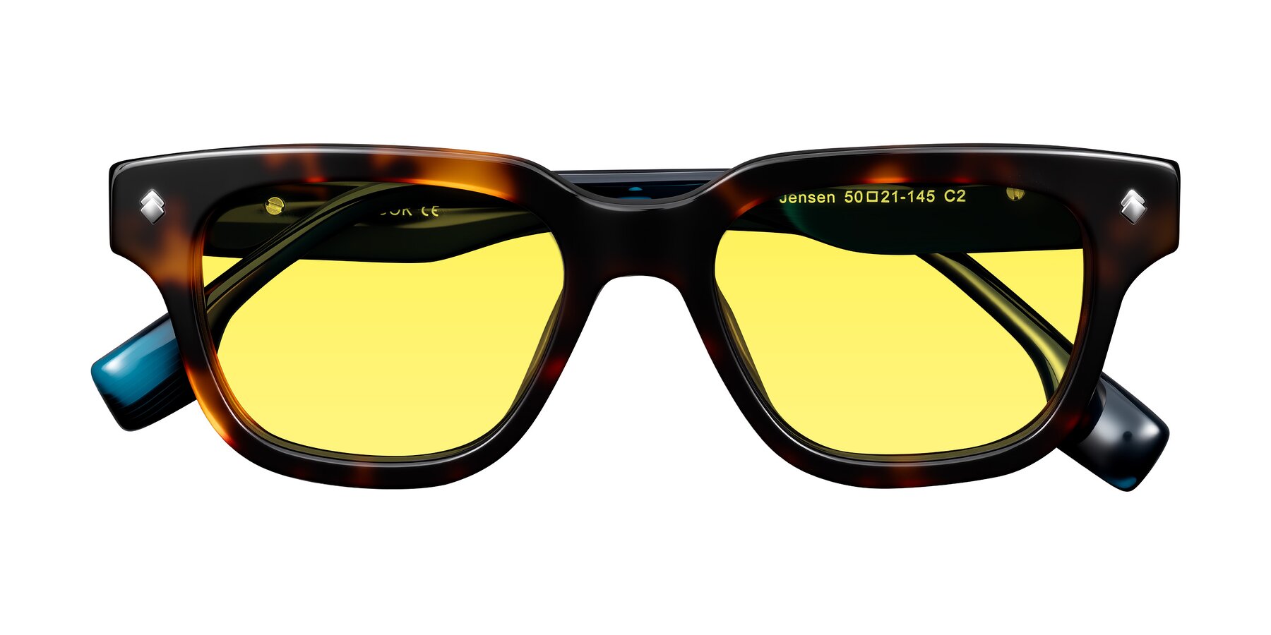 Folded Front of Jensen in Tortoise/Teal Striped with Medium Yellow Tinted Lenses